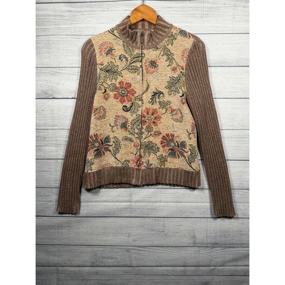 Women's Medium Brown Floral Tapestry Full Zip Mock Neck Sweater Jacket 4383